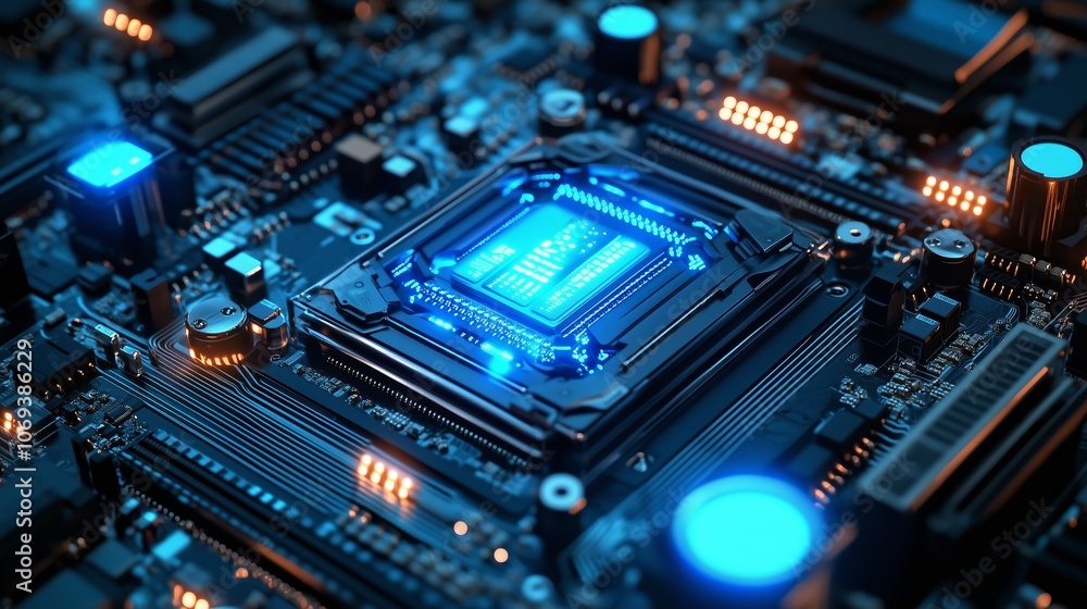 Fototapeta premium Detailed close-up of a blue-lit microprocessor on a circuit board with intricate components during a technological setting