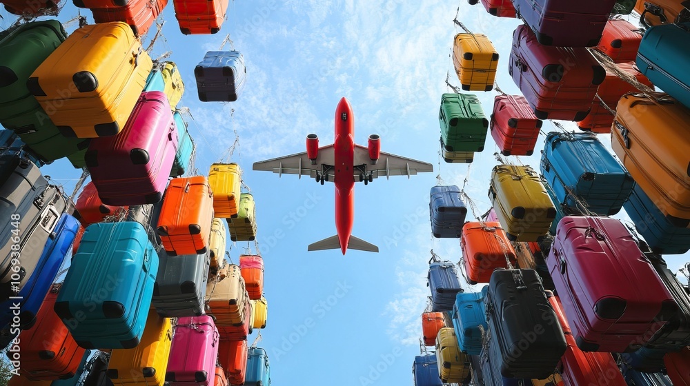Naklejka premium Colorful suitcases arranged against sky with airplane overhead for travel agency advertising concept