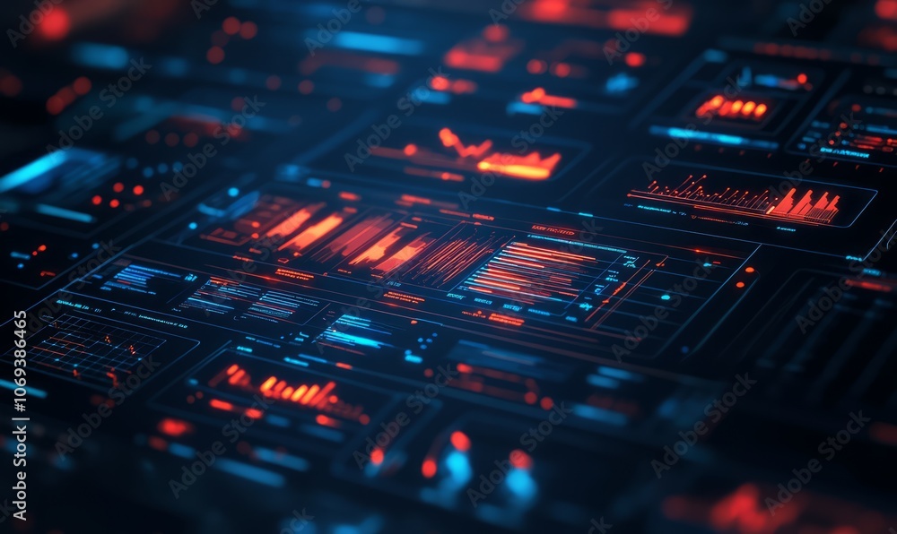 Risk mitigation dashboard, virtual hologram interface, futuristic corporate background Risk mitigation dashboard, virtual hologram interface, futuristic corporate background