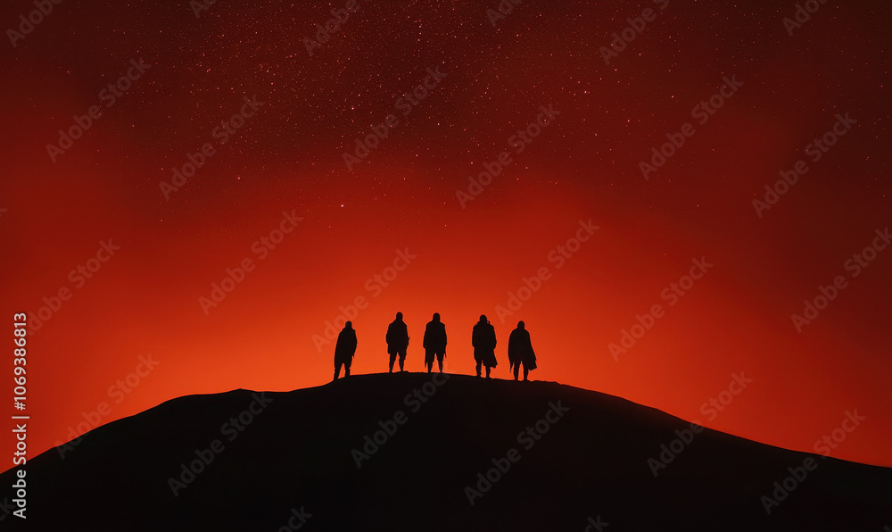 Silhouettes Under a Starry Red Sky: Journey Through Cosmic Wonders Silhouettes Under a Starry Red Sky: Journey Through Cosmic Wonders