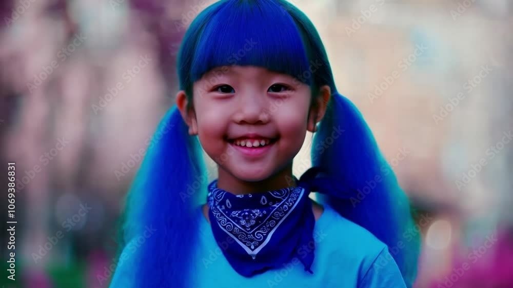 A young girl with a blue ponytail is smiling at the camera. She is wearing a blue shirt and a blue bandana A young girl with a blue ponytail is smiling at the camera. She is wearing a blue shirt and a blue bandana