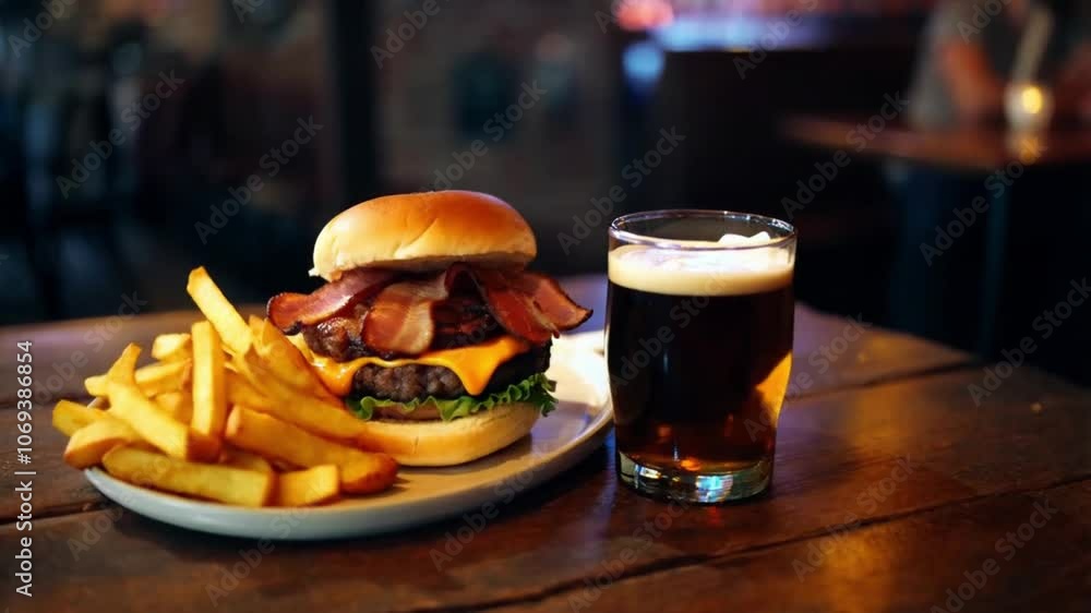A burger with fries and a glass of beer. The burger is a bacon cheeseburger with a side of fries. The beer is a dark ale. The image conveys a casual and relaxed atmosphere A burger with fries and a glass of beer. The burger is a bacon cheeseburger with a side of fries. The beer is a dark ale. The image conveys a casual and relaxed atmosphere