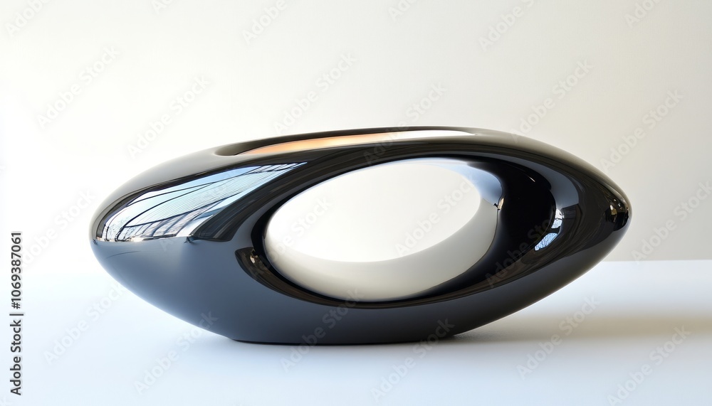 Sleek black decorative sculpture with an oval opening displayed on a minimalist surface Sleek black decorative sculpture with an oval opening displayed on a minimalist surface