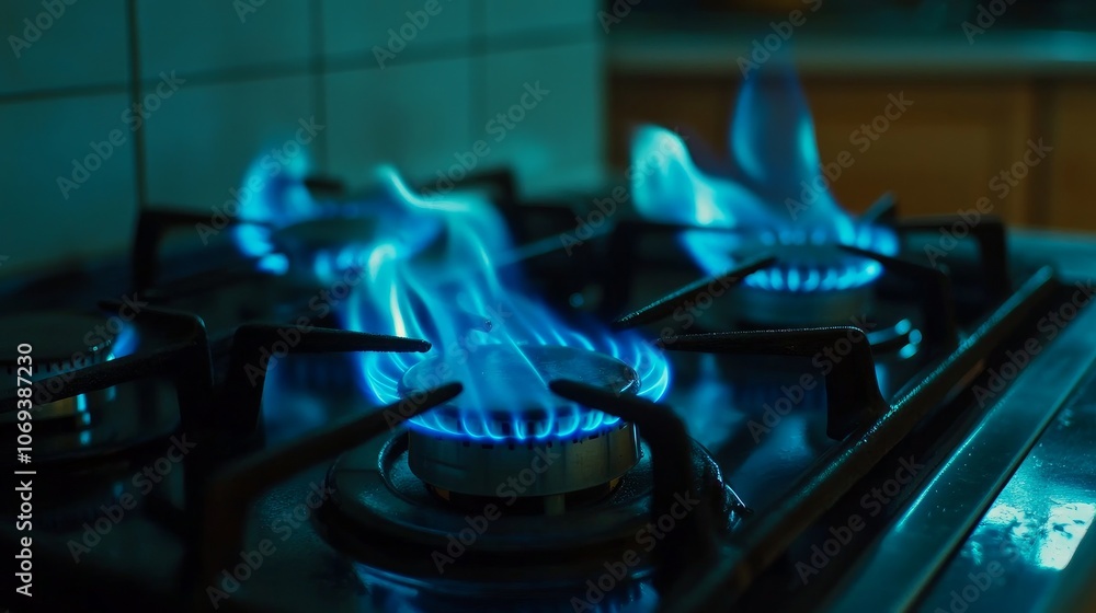 Blue flames on a kitchen stove in close-up.
Blue flames on a kitchen stove in close-up.