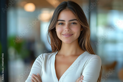 Hispanic smiling toothy Latino Indian successful confident Arabian businesswoman worker lady boss female leader girl business woman posing crossed hands looking at camera in office corporate portrait