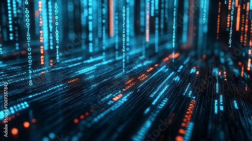 Binary code running in a digital data stream.
