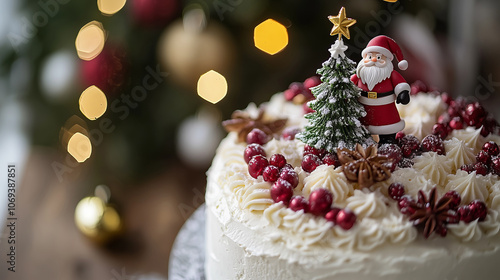 A festive white cake decorated with red berries, star anise, and a miniature Santa figurine holding a frosted Christmas tree..