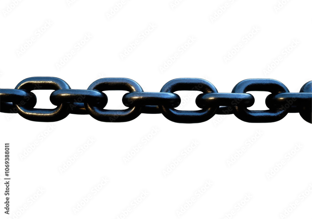 Obraz premium High-resolution, close-up view of steel chain links in horizontal line. Each link is highly detailed, showcasing the texture and metallic shine. On a transparent background in PNG format