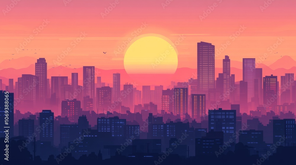 Fototapeta premium Sunset view of a city in flat anime style. 