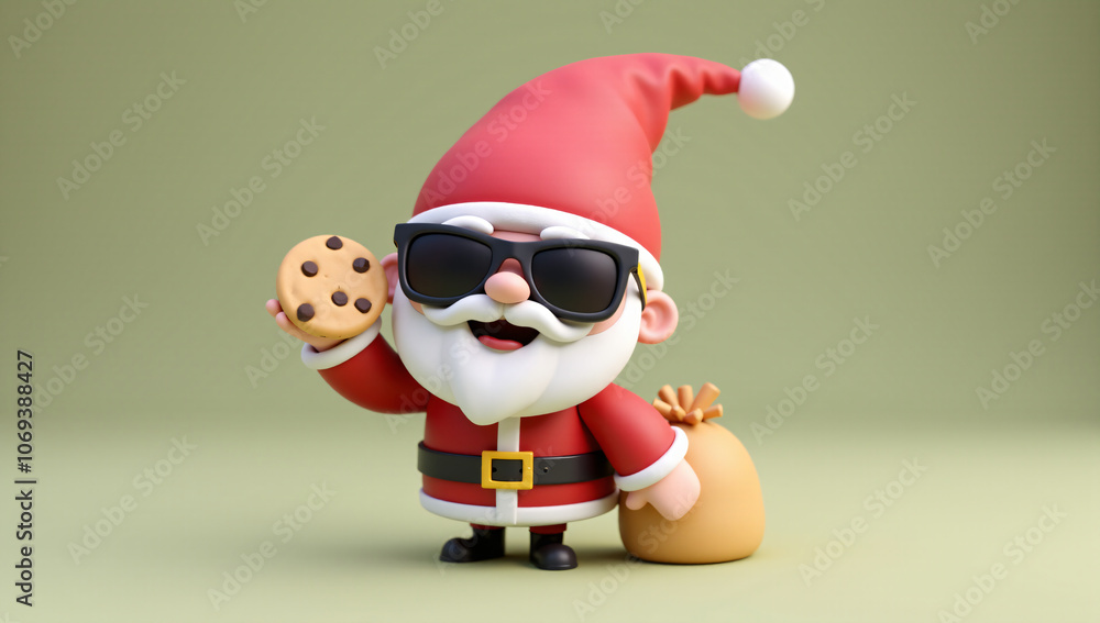 Santa holds a chocolate chip cookie and a sack of gifts, smiling joyfully. A fun and playful image capturing the holiday spirit and Santa’s favorite treat tradition. Santa holds a chocolate chip cookie and a sack of gifts, smiling joyfully. A fun and playful image capturing the holiday spirit and Santa’s favorite treat tradition.