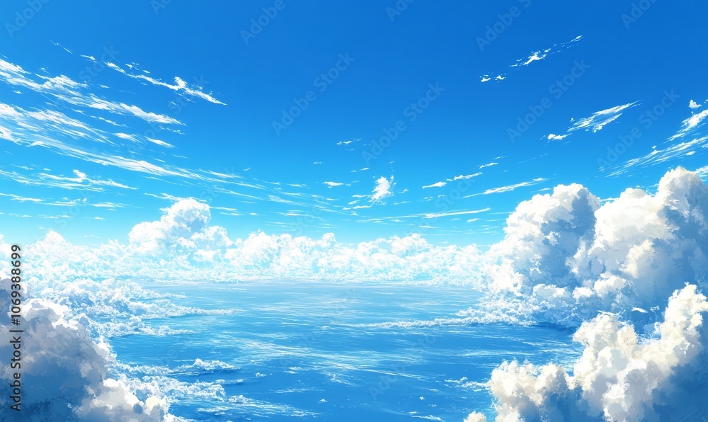 The vast expanse of the ocean stretches out before a clear blue sky dotted with wispy white clouds The vast expanse of the ocean stretches out before a clear blue sky dotted with wispy white clouds