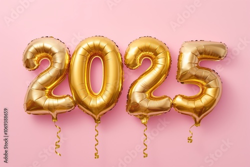 Number 2025 made from golden balloons on pink background photo