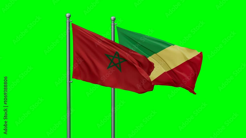 Republic of the Congo and Morocco flags flying together, video concept of the relationship with colored chroma key for easy background remove Republic of the Congo and Morocco flags flying together, video concept of the relationship with colored chroma key for easy background remove