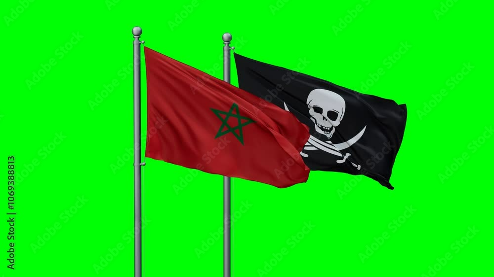 Morocco and Corsair flags flying together, video concept of the relationship with colored chroma key for easy background remove Morocco and Corsair flags flying together, video concept of the relationship with colored chroma key for easy background remove