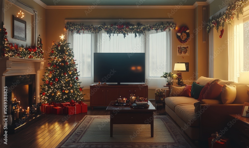 Family holiday decorations adorning a cozy living room Family holiday decorations adorning a cozy living room