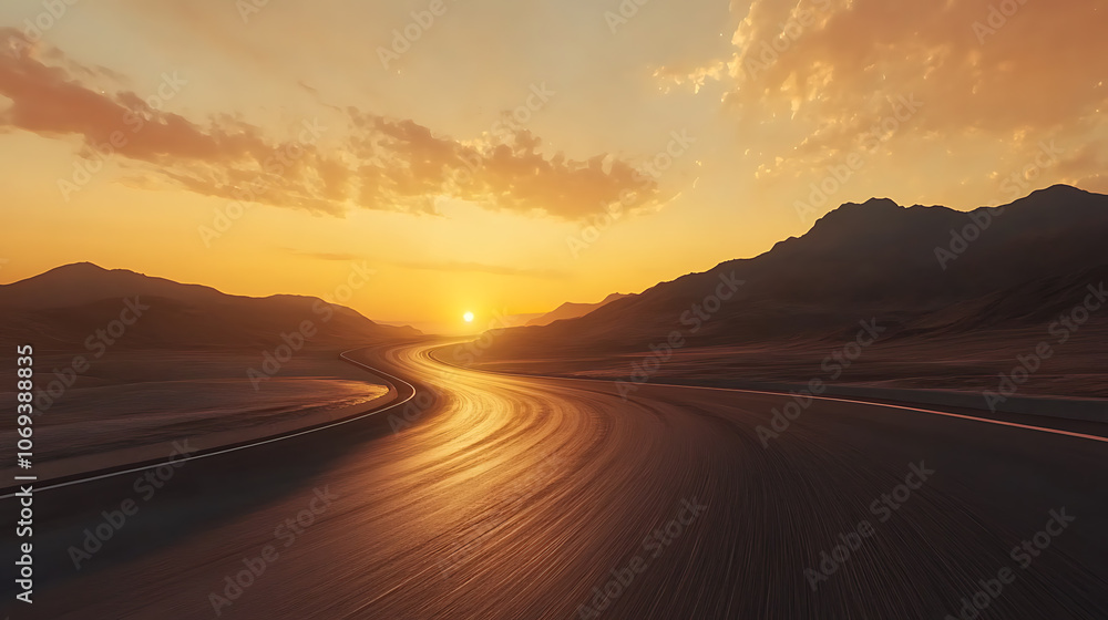 Fototapeta premium Scenic curved highway asphalt road with golden sky and mountain in the sunset