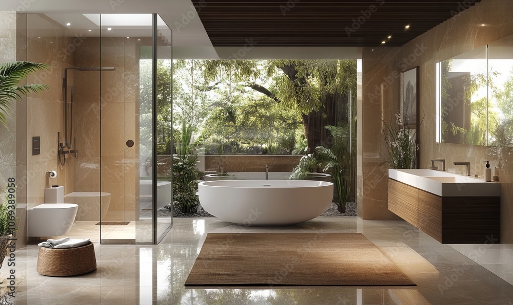 This luxurious bathroom showcases a spacious layout with modern fixtures and elegant design elements, creating a perfect blend of style and comfort This luxurious bathroom showcases a spacious layout with modern fixtures and elegant design elements, creating a perfect blend of style and comfort