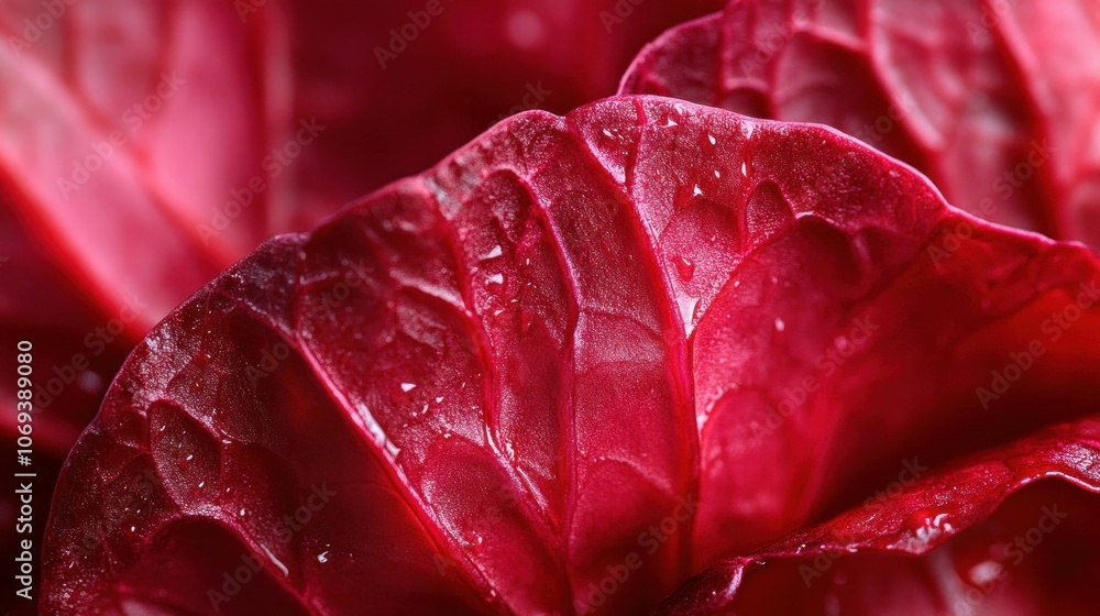 Red radicchio leaf in close-up detail.
Red radicchio leaf in close-up detail.