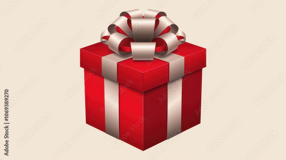 Elegant Red Gift Box with Silver Bow on Neutral Background Elegant Red Gift Box with Silver Bow on Neutral Background