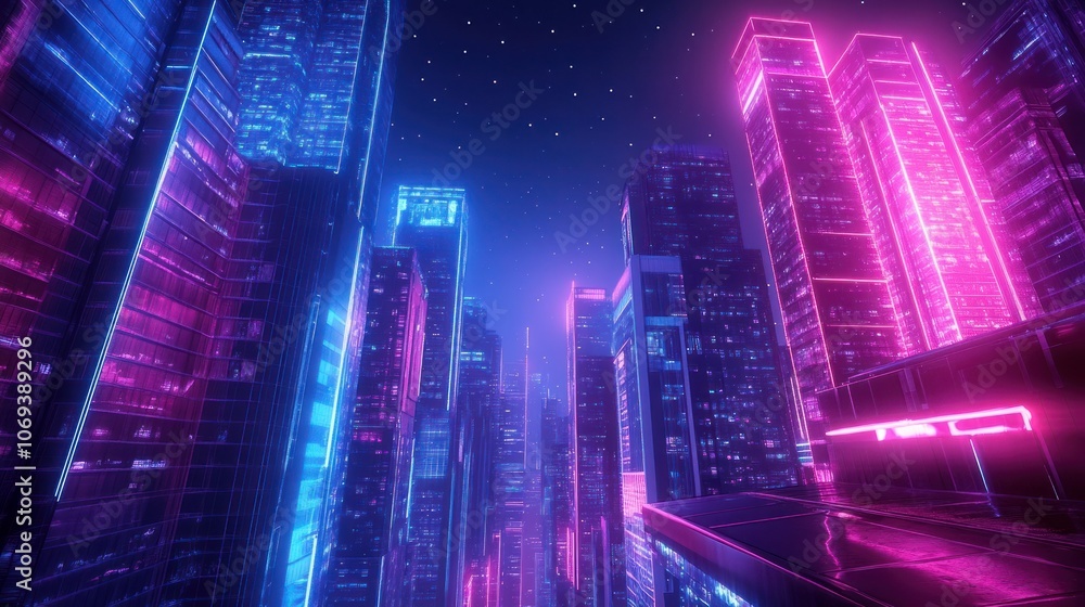 Fototapeta premium A neon-lit city street viewed from a dynamic downtown perspective.