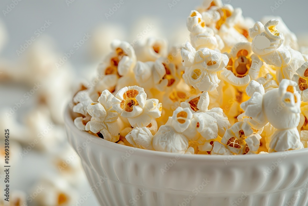 Popcorn in a bowl on a white background. Selective focus. Popcorn in a bowl on a white background. Selective focus.