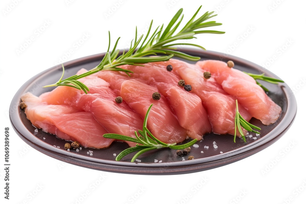 Raw chicken fillet with spices and rosemary isolated on a white background Raw chicken fillet with spices and rosemary isolated on a white background
