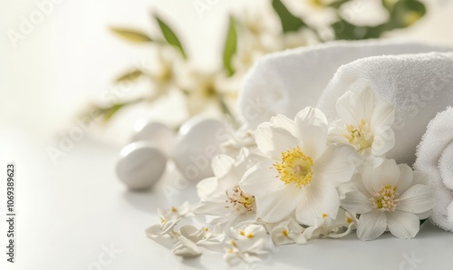 On a pristine white table, an assortment of flowers, isolated against a plain background, showcases the beauty of nature in a spa setting.