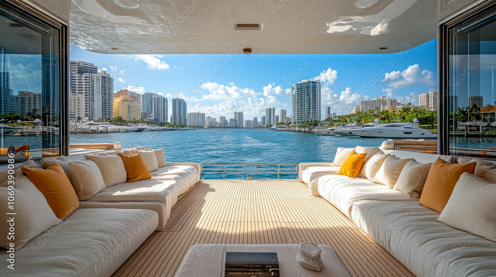 Fototapeta premium Luxurious yacht lounge with scenic city view and waterfront skyline in daylight