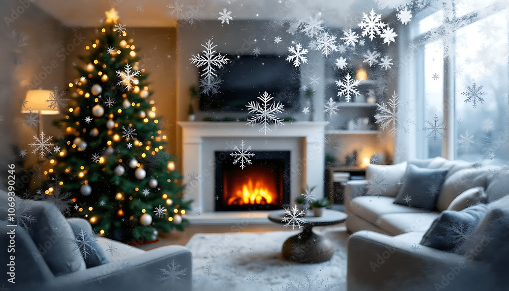 Cozy Living Room with Christmas Tree and Fireplace in Winter