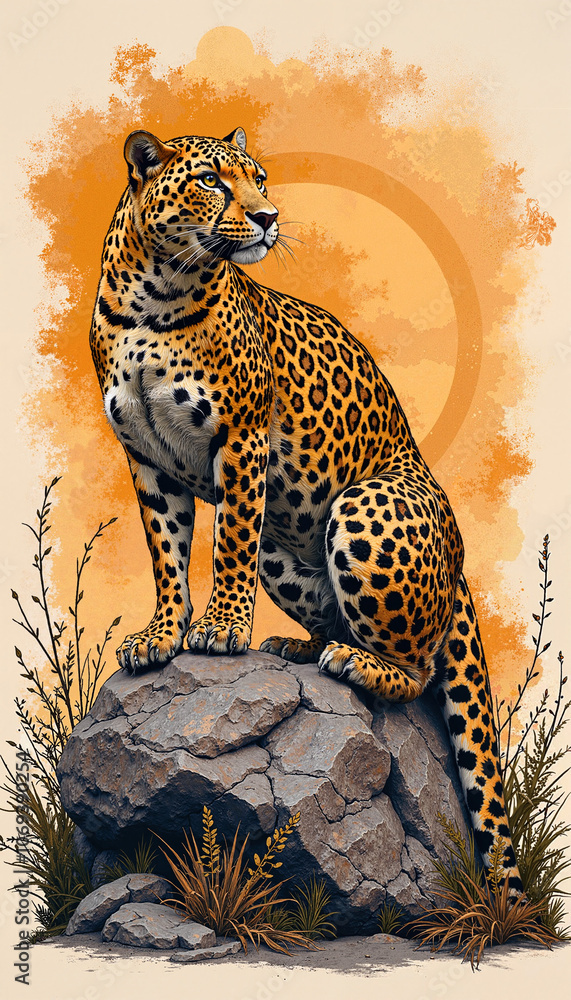 Naklejka premium An elegant leopard resting on a rock symbolizes wild beauty and tranquility