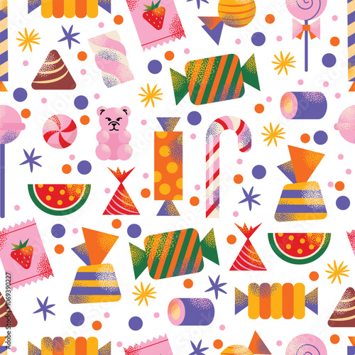 Assorted colorful candies seamless pattern, lollipops, gummies, and sweets with various shapes isolated on background. Flat vector illustration. Confectionery, dessert, and sweet treats concept. photo