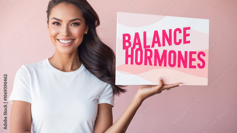 Beautiful smiling young woman holding sign with inscription hormones balance hormones on color background Beautiful smiling young woman holding sign with inscription hormones balance hormones on color background