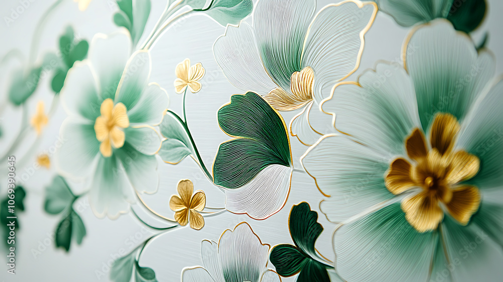 Fototapeta premium white wallpaper with green and golden floral