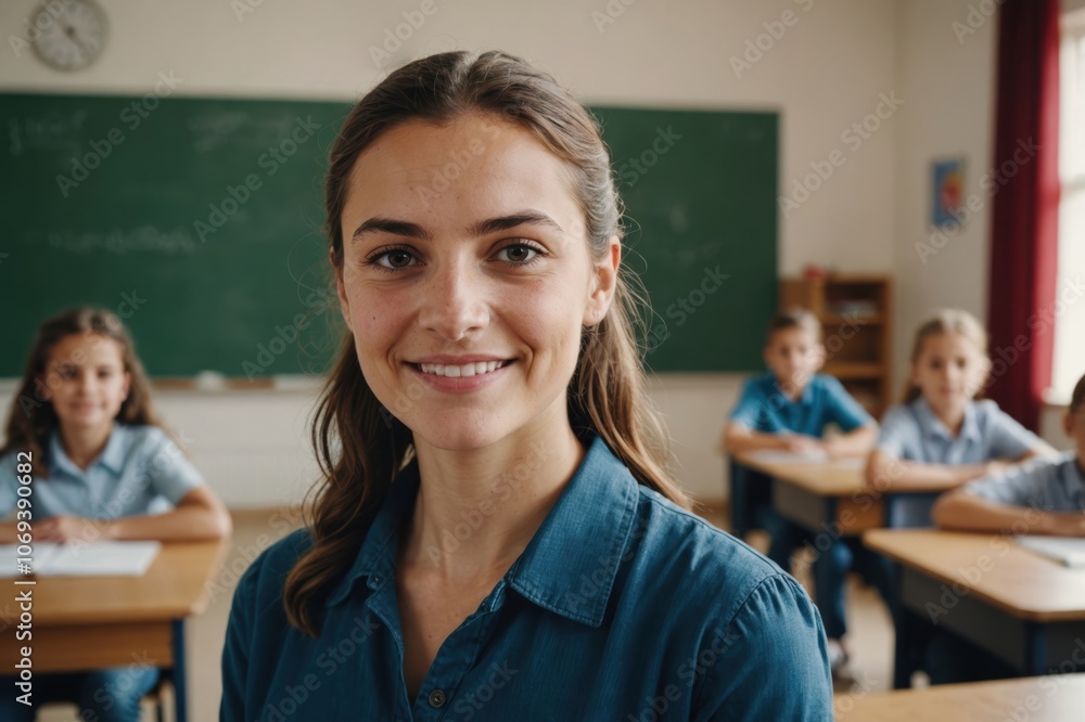 Close portrait of a smiling young Albanian female elegant primary school teacher standing and looking at the camera, indoors almost empty classroom blurred background Close portrait of a smiling young Albanian female elegant primary school teacher standing and looking at the camera, indoors almost empty classroom blurred background