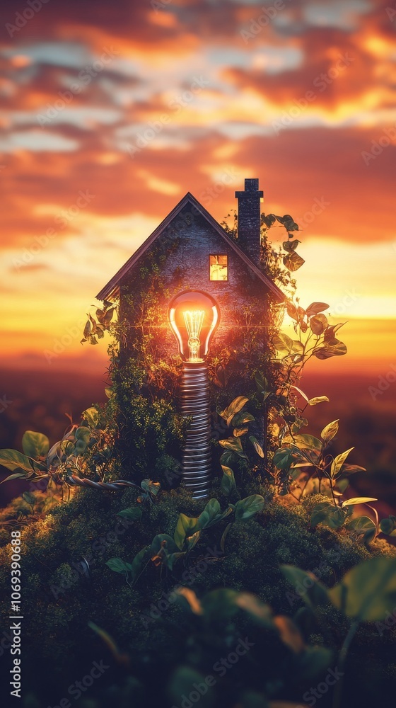 tiny house with glowing light bulb at sunset, nature concept tiny house with glowing light bulb at sunset, nature concept