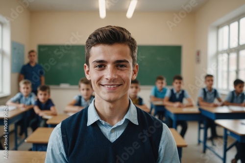 Close portrait of a smiling young Albanian male elegant primary school teacher standing and looking at the camera, indoors almost empty classroom blurred background