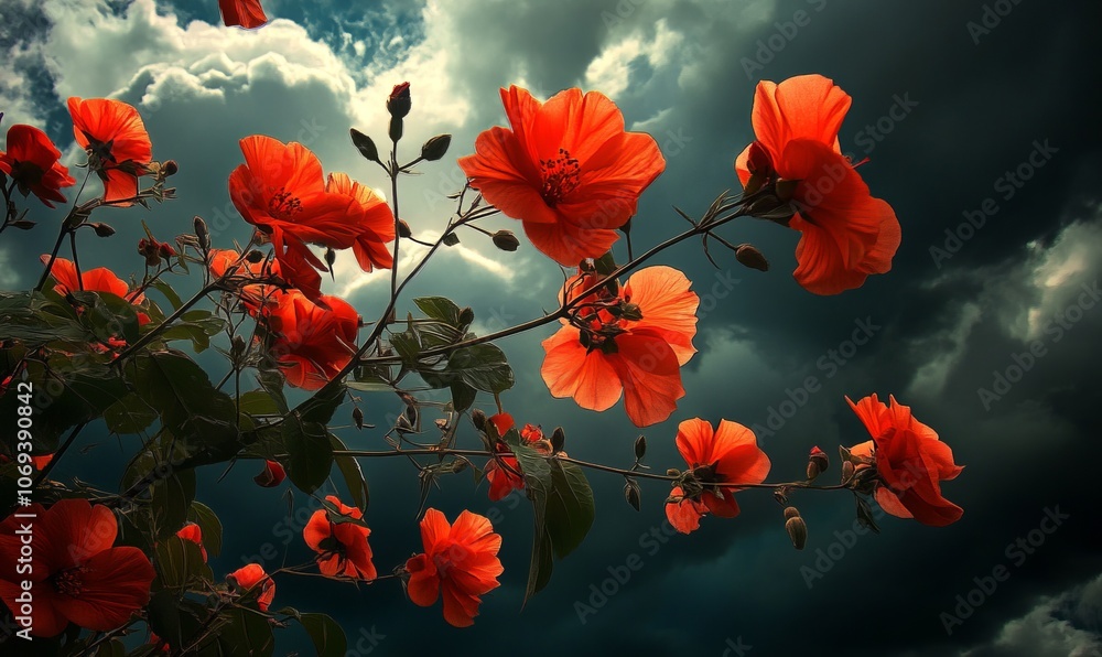 Vibrant red flowers from the tree framed against a dramatic cloudy sky, emphasizing the contrast between the bright flowers and the moody sky Vibrant red flowers from the tree framed against a dramatic cloudy sky, emphasizing the contrast between the bright flowers and the moody sky
