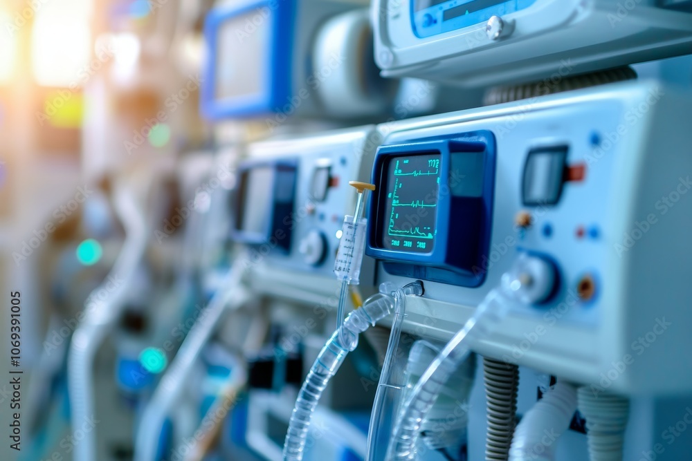 Intricate overview of life support systems and ventilators in a hospital intensive care unit Intricate overview of life support systems and ventilators in a hospital intensive care unit