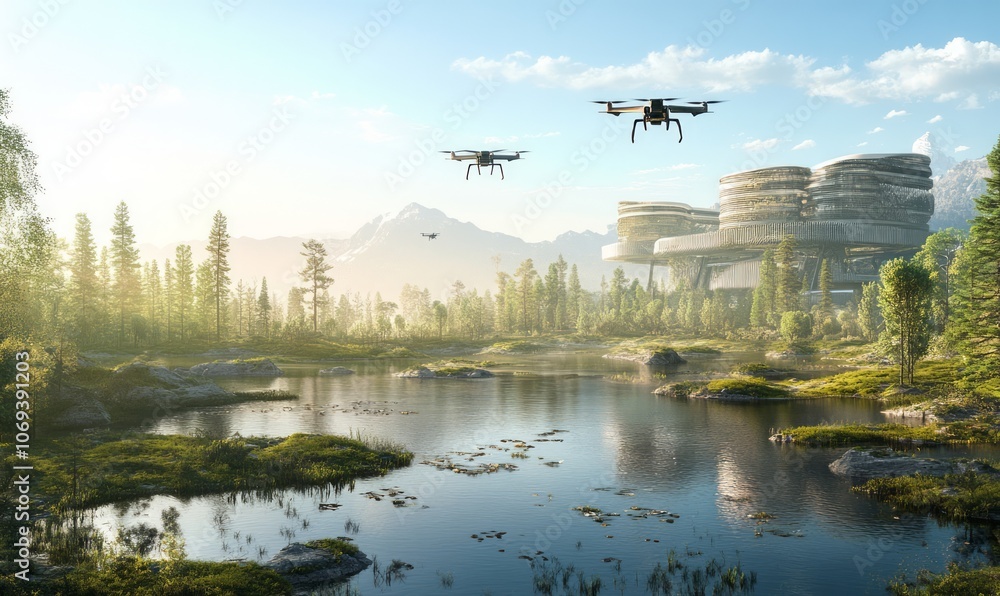 Futuristic wildlife reserve with drone surveillance Futuristic wildlife reserve with drone surveillance