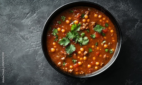 Moroccan Harira Soup in a black bowl on a tabletop made of grey concrete. Moroccan cuisine dish called harira contains lamb or beef, chickpeas, lentils, tomatoes, and cilantro. Iftar meals for Ramadan