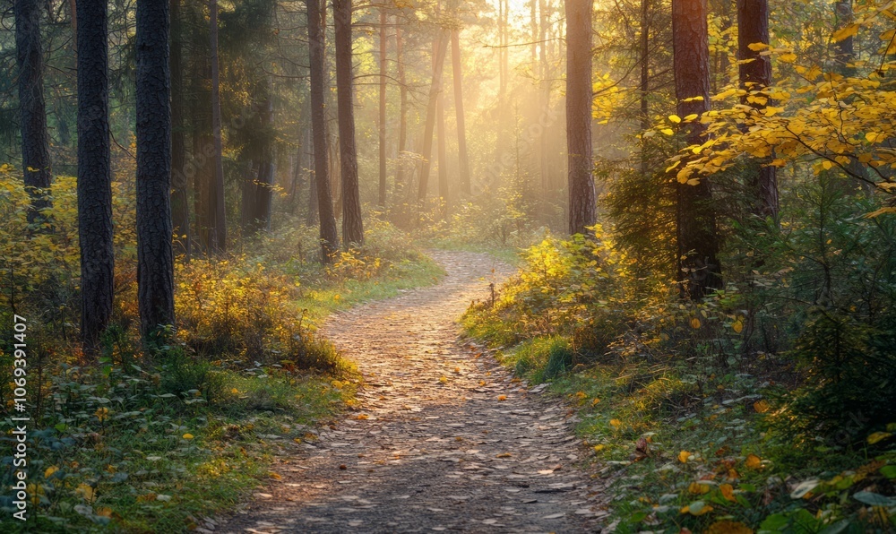 Fototapeta premium Small path through the forest on a sunny autumn morning
