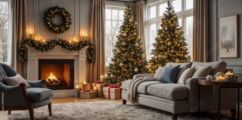 Cozy Living Room Decorated for Christmas with Festive Lights and Ornaments Cozy Living Room Decorated for Christmas with Festive Lights and Ornaments