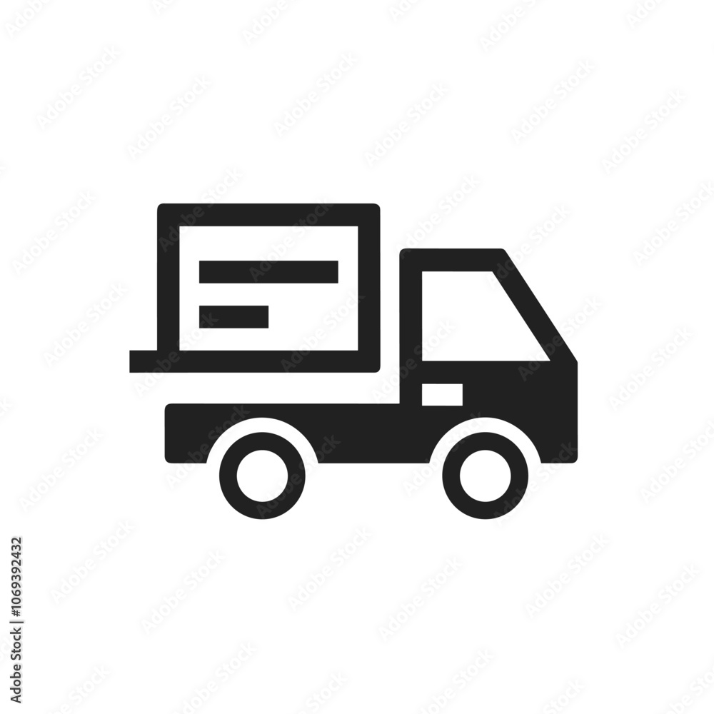 Black and white icon of a delivery truck with two wheels, representing transportation and logistics services. Black and white icon of a delivery truck with two wheels, representing transportation and logistics services.