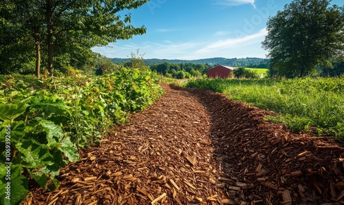 Recycled wood chips from tree bark mulching and enriching soil in sustainable farming photo