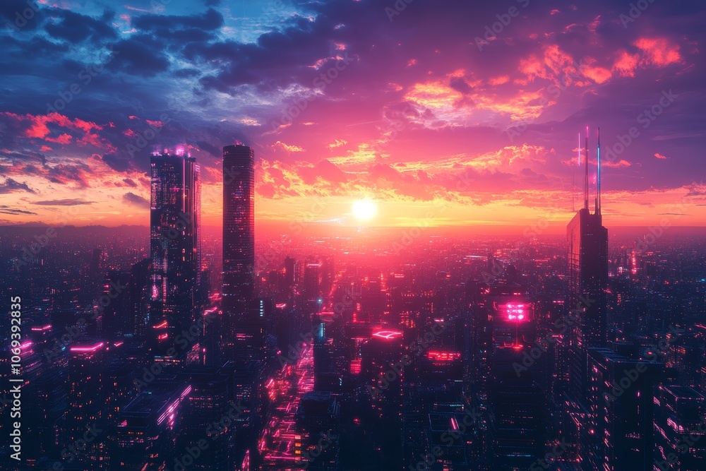 Fototapeta premium Futuristic cityscape at sunset neon lights illuminate a cyberpunk skyline against dramatic clouds