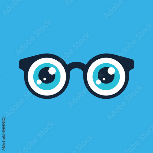 Graphic illustration of stylish black eyeglasses with bright, cartoonish eyes on a vivid blue background, conveying a playful and dynamic design element.