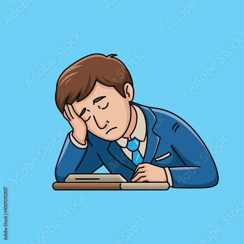 Illustration of a tired man in a blue suit resting his head on a desk with a stressed expression on a light blue background.