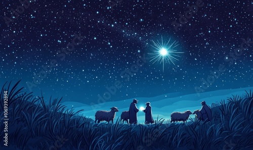 Illustration of shepherds in a peaceful night field under a starry sky, with a bright light symbolizing the angelic announcement of Jesus' birth