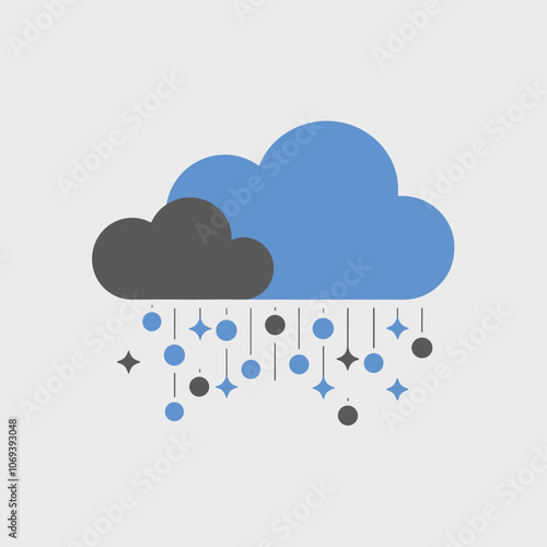 Minimalist illustration of blue and grey clouds with raindrop symbols and sparkling stars on a light background.