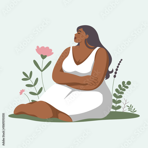 Illustration of a woman sitting among flowers, conveying calmness and serenity in a minimalistic style.